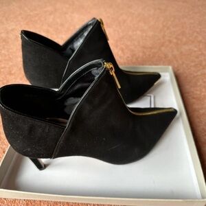 Ted Baker Black Pointed Suede Ankle Booties with Gold Zipper